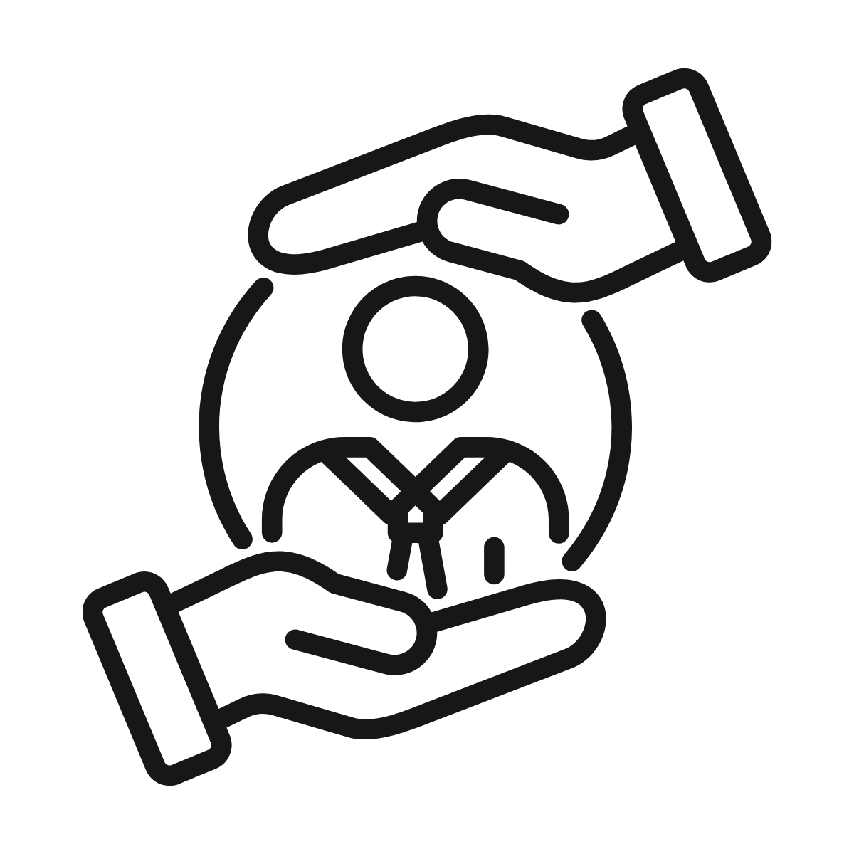 Icon of two hands holding a person with a tie, symbolizing support or care.