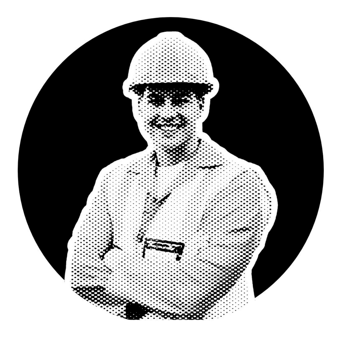 Black and white halftone portrait of a smiling man in a military or police uniform, wearing a helmet, with crossed arms.