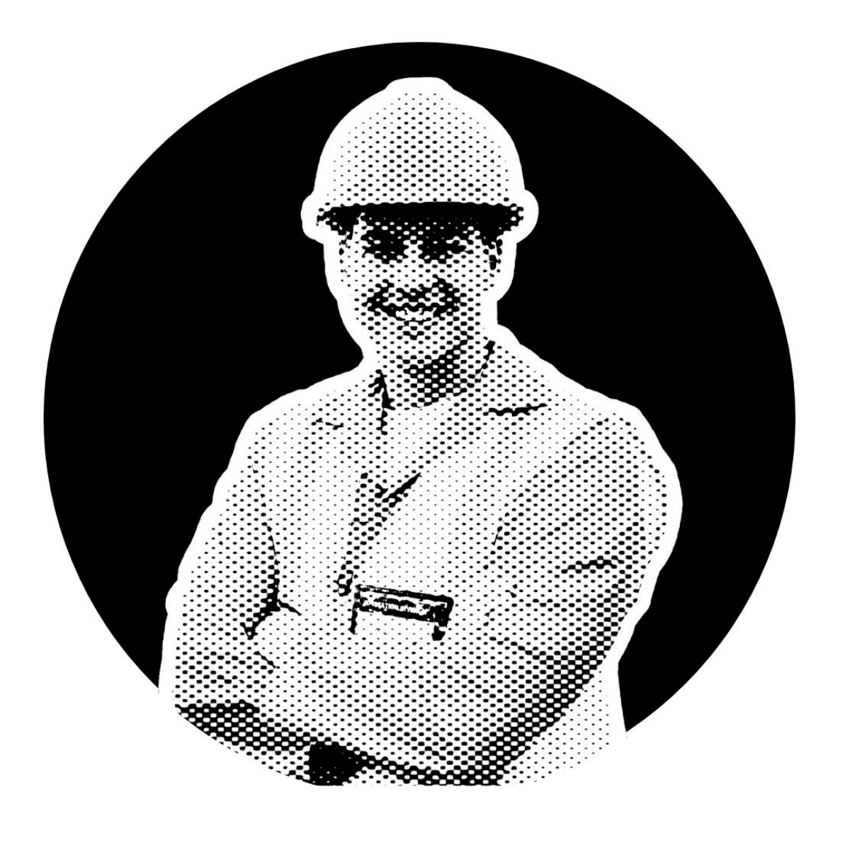 Black and white halftone portrait of a man in military uniform with a helmet, smiling, against a black circular background.