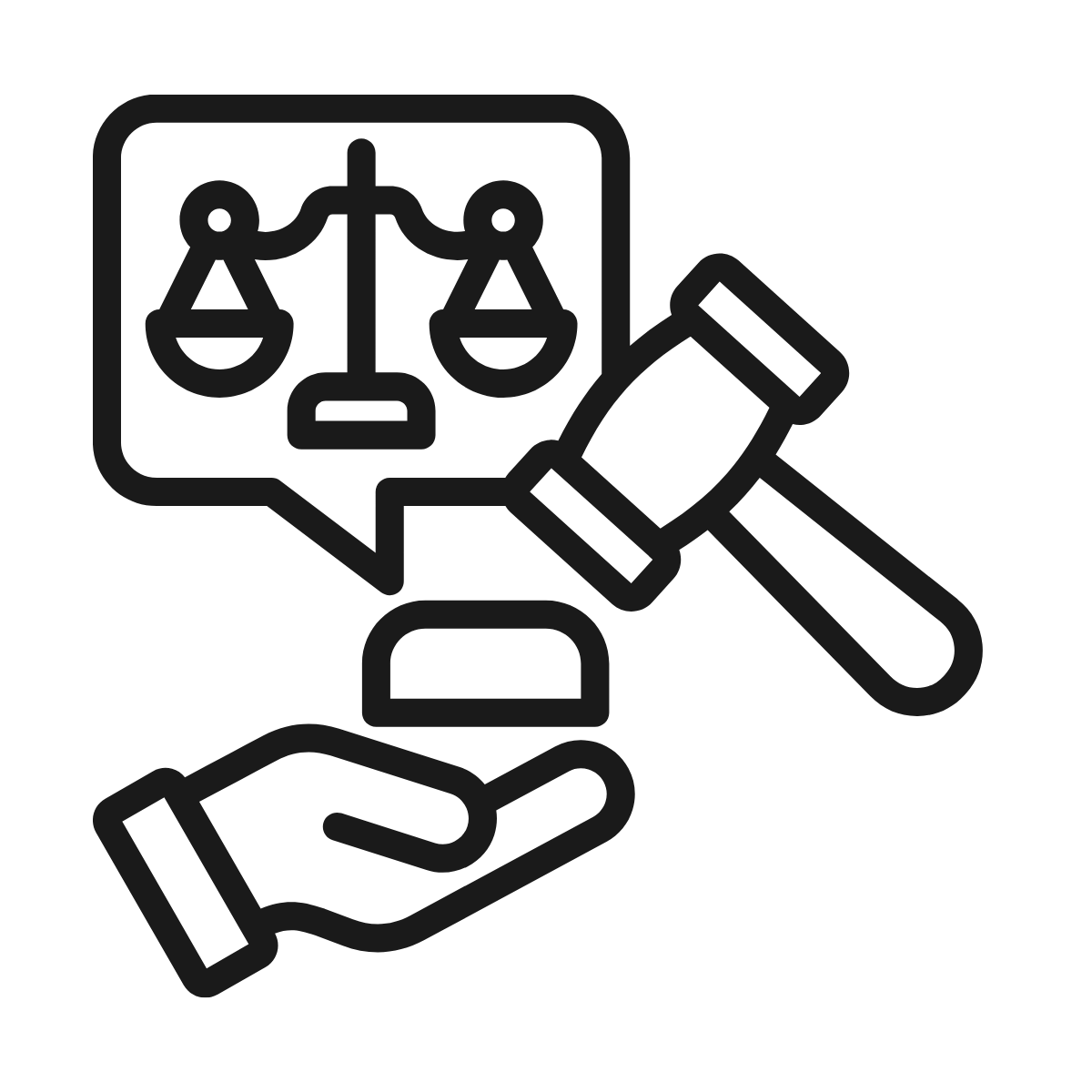 Line drawing of a hand holding a gavel, a speech bubble with a scales of justice inside, and a magnifying glass.