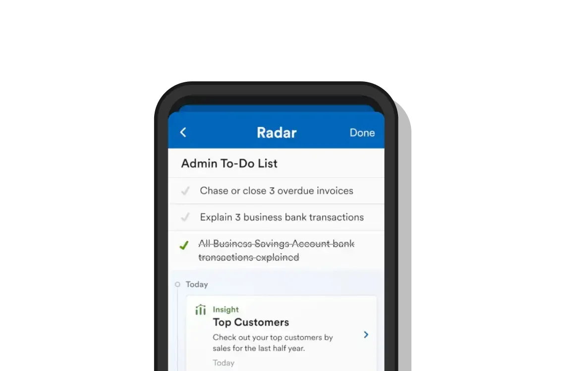 Smartphone screen displaying a to-do list for an administrator, with tasks such as chasing overdue invoices and explaining bank transactions, and a section showing top customers insights.