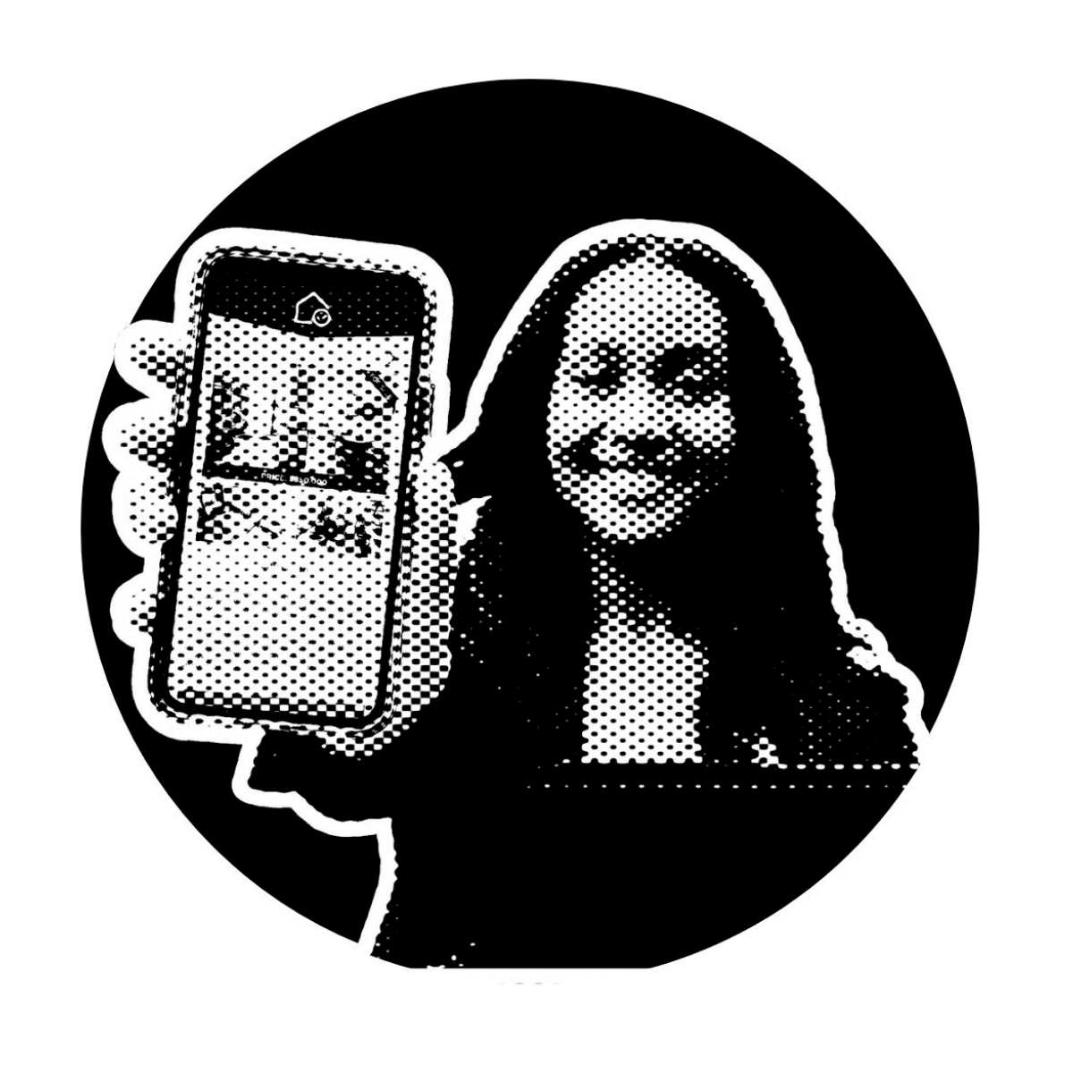 A woman with long hair smiling and holding up a smartphone taking a selfie, depicted in a black and white halftone style.