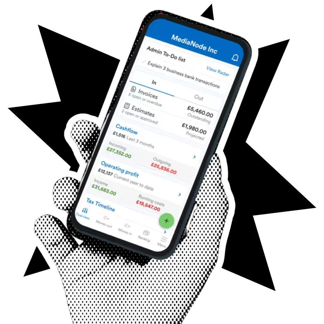 A hand holding a smartphone displaying a financial management app with company details, financial figures, and menu options.