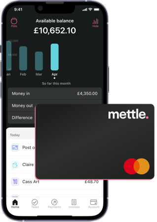Mobile banking app displaying remaining balance of £10,652.10, with transaction history and expenditure details, along with a separate screen showing the Mettle banking app logo with Mastercard.