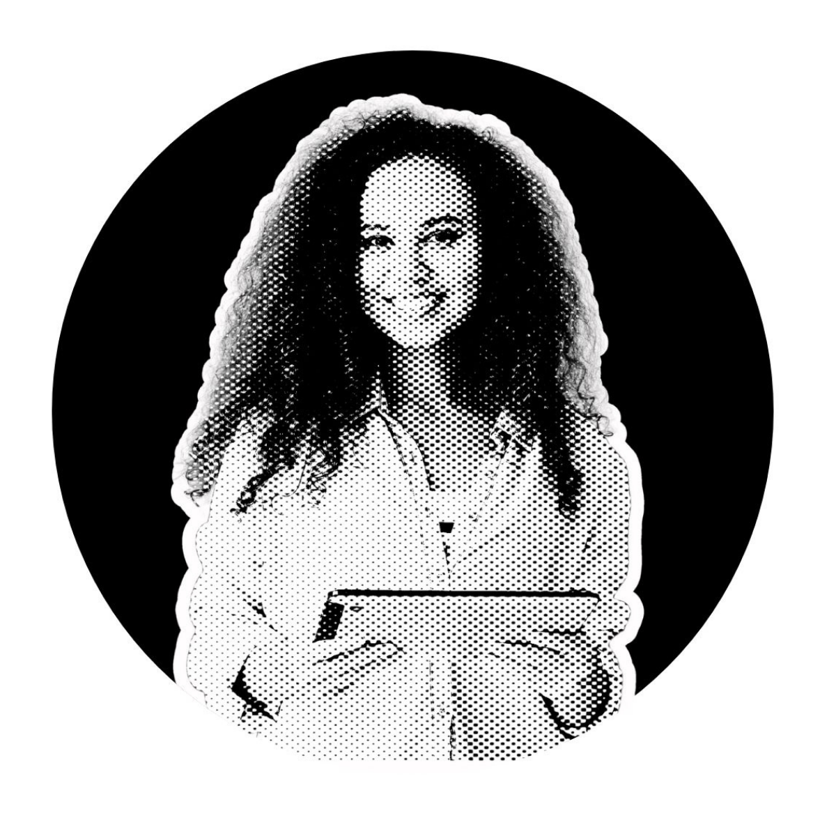 Black and white halftone illustration of a woman with curly hair, smiling, holding a tablet or notebook, with a dark circular background.