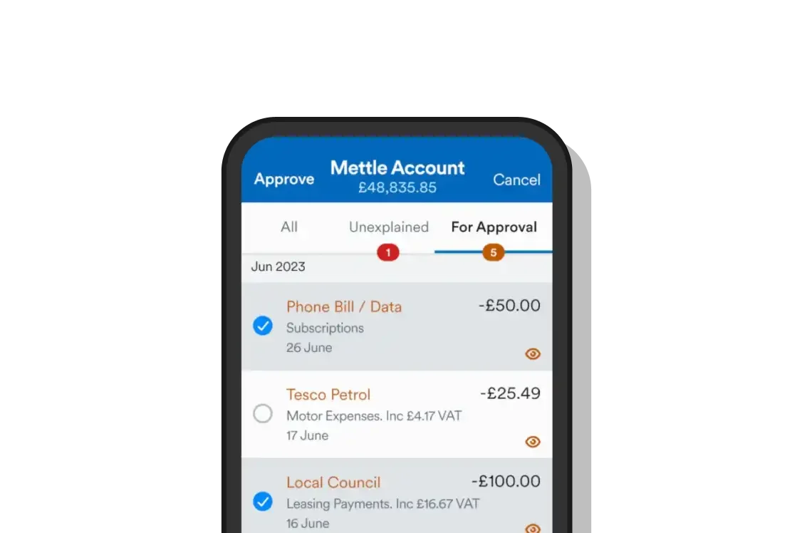 Mobile banking app interface displaying account balance of £48,835.85 with options to approve or cancel transactions, showing bills for phone data, petrol, and council payments for June, with some transactions marked for approval.