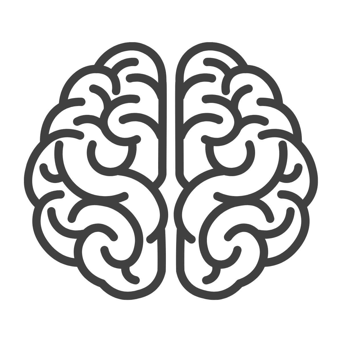 A stylized black outline of a human brain on a black background.
