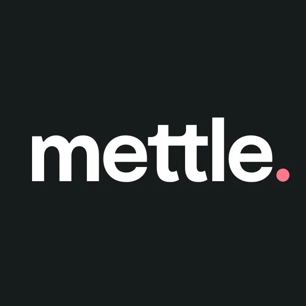 The word 'mettle' in white lowercase letters on a black background, with a pink dot at the end.