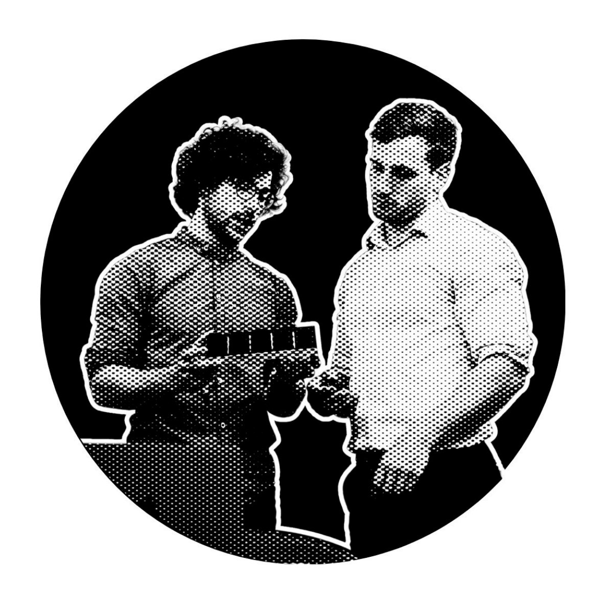 A black and white halftone illustration of a woman with curly hair and glasses holding a small tray, and a man with short hair, both standing in front of a black circular background.