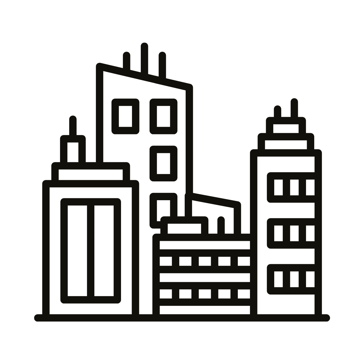 Outline drawing of a cityscape with tall modern buildings.