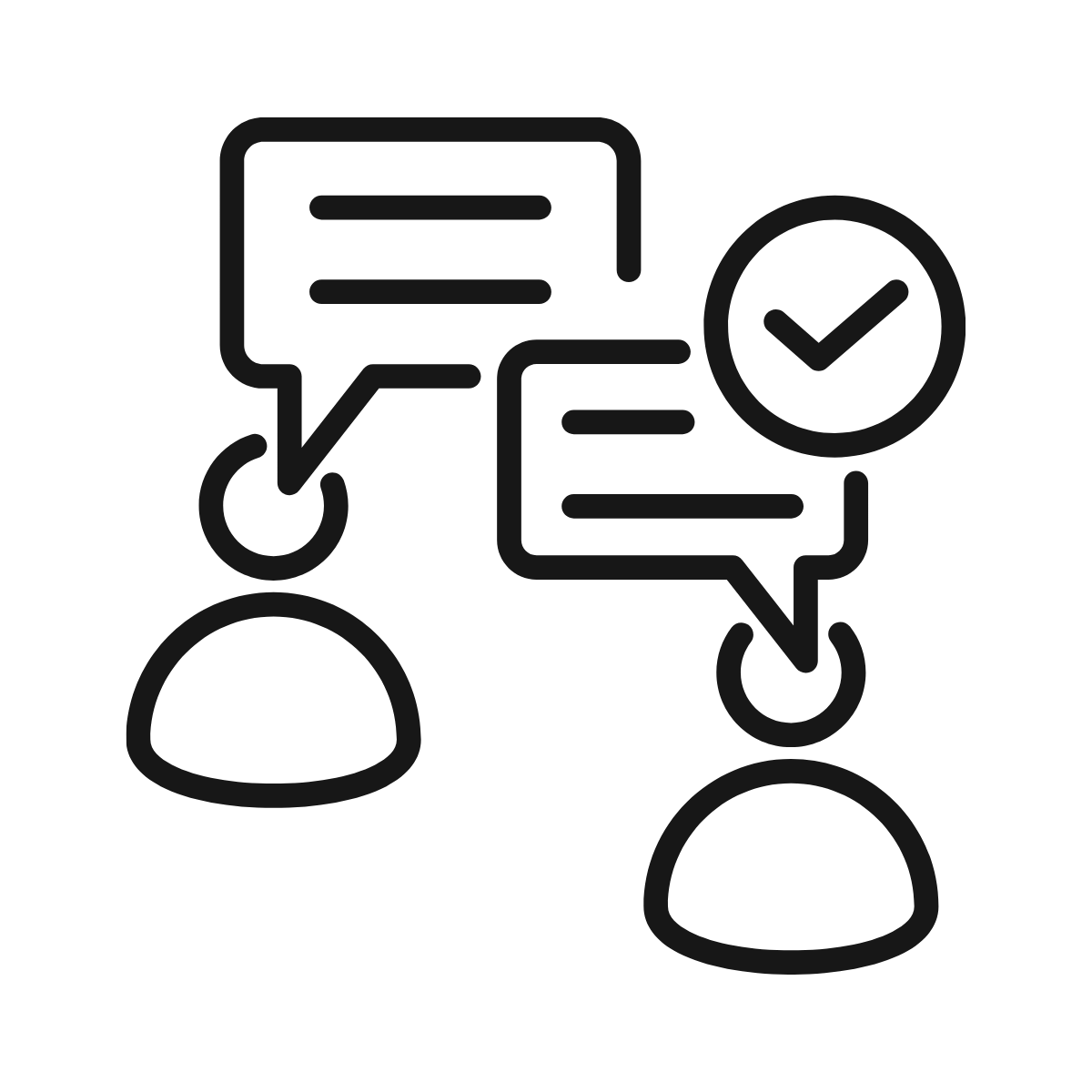 Outline icon of two people communicating through speech bubbles, with a check mark symbol indicating approval or confirmation.