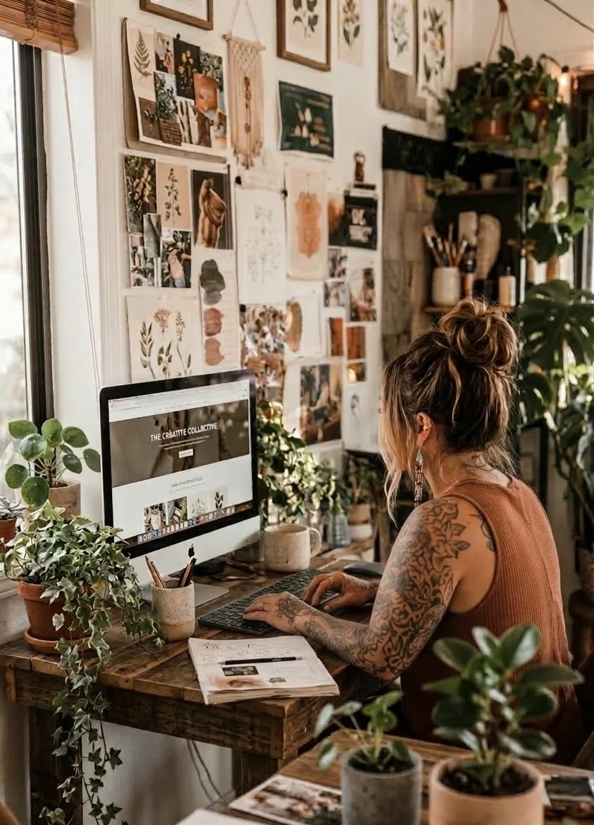 Creative director working in a plant-filled studio, reflecting the thoughtful, strategic brand design approach at Trillium Creative Studio