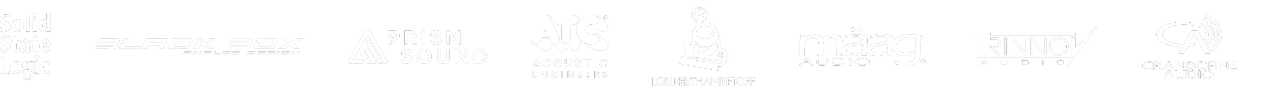 Logos of audio and sound companies, including Solid State Logic, Black Box, Prism Sound, ATC Acoustic Engineers, Louder Than Liftoff, Maag Audio, Trinnov Audio and Cranborne Audio.