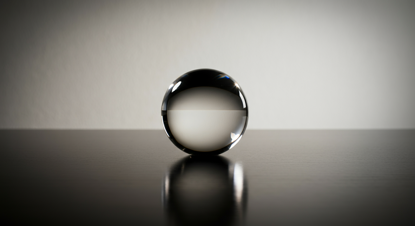 A clear glass marble sitting on a dark textured surface, reflecting light and the surrounding environment, with a blurred background.