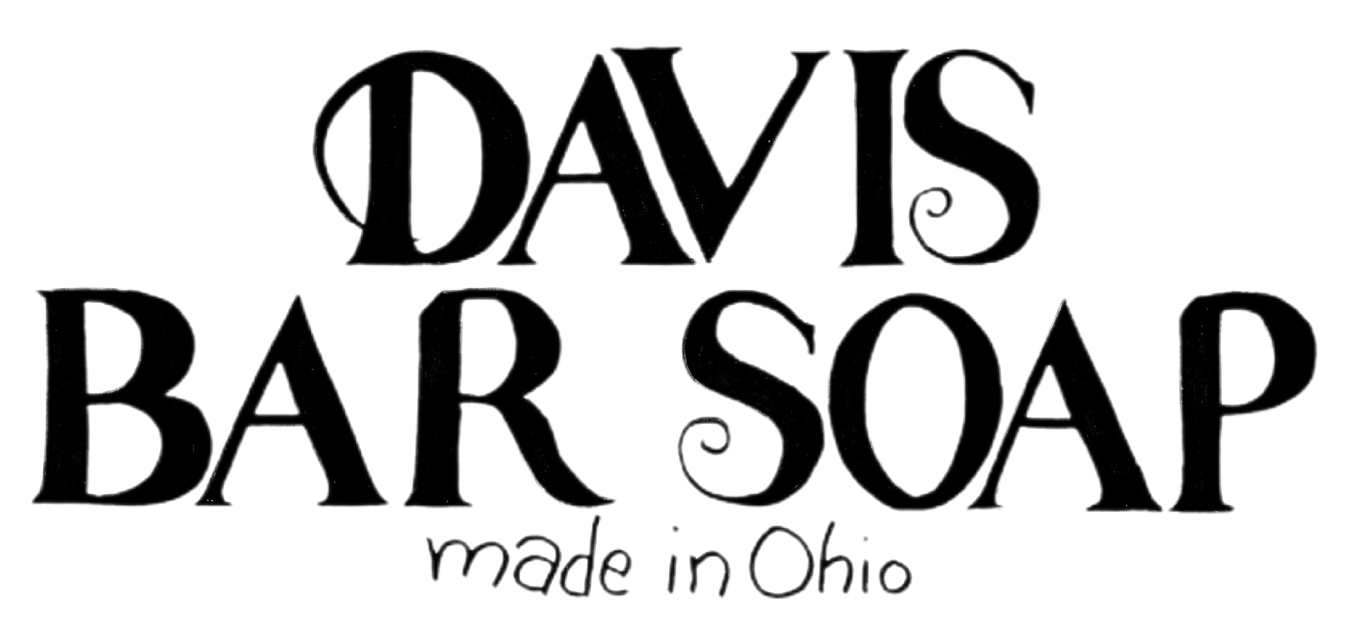 Hand-drawn sign reading 'Davis Bar Soap made in Ohio' in white outline on black background.