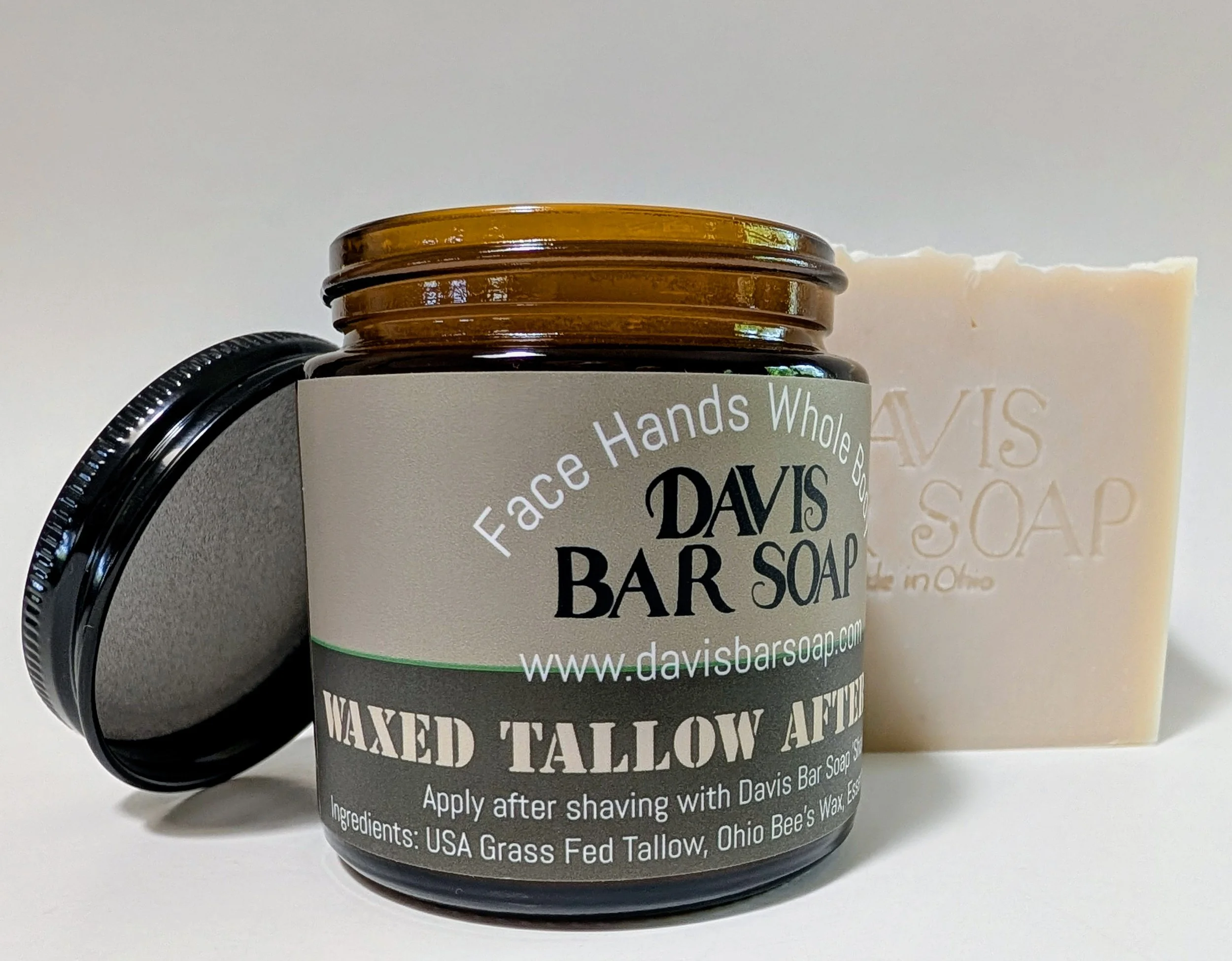 Tallow and Bee's Wax soothing after shave with essential oils of cedarwood, tea tree, Frankincense, and peppermint. Great for sensitive skin.