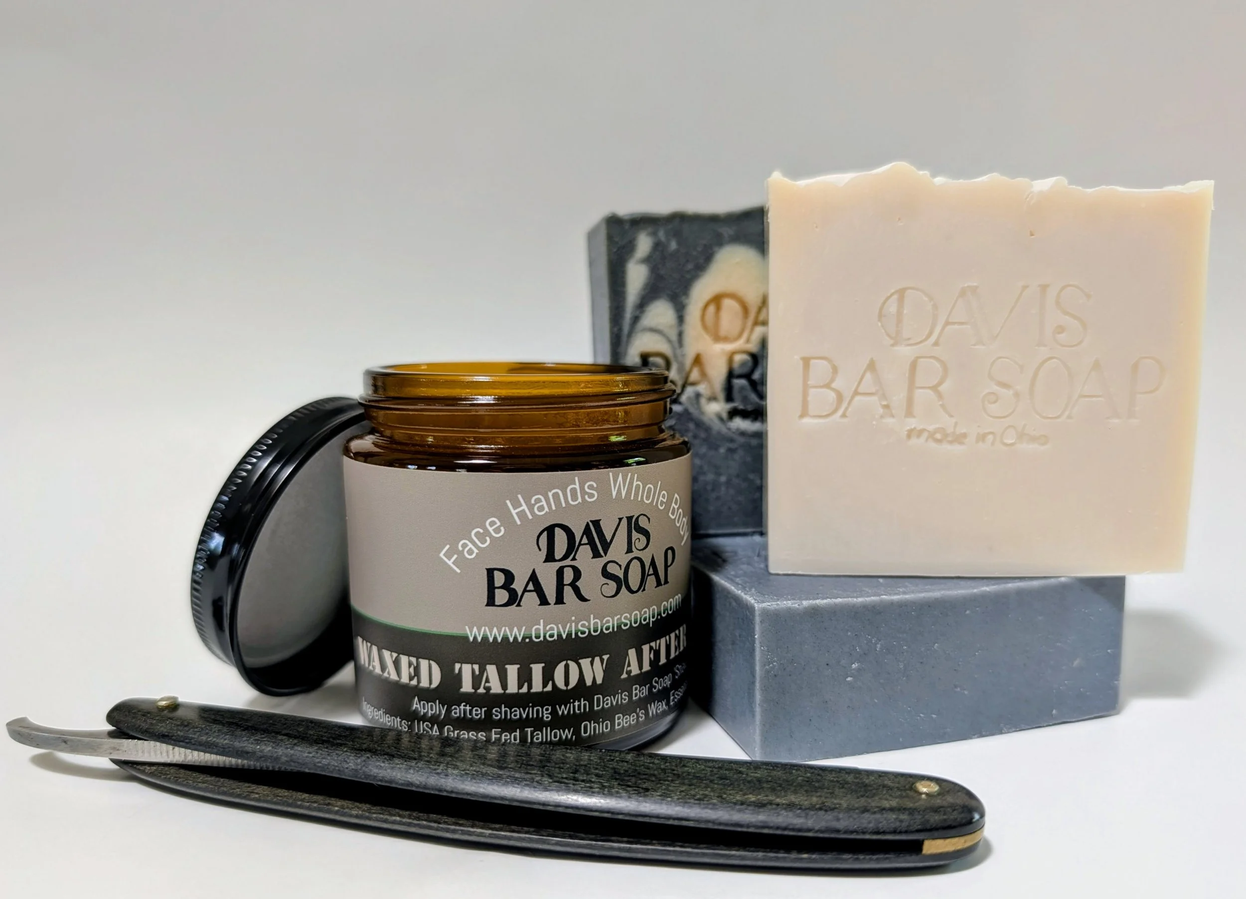 Men's started set with shave soap, after shave tallow balm, and sensitive skin, cleansing, charcoal bar soap.