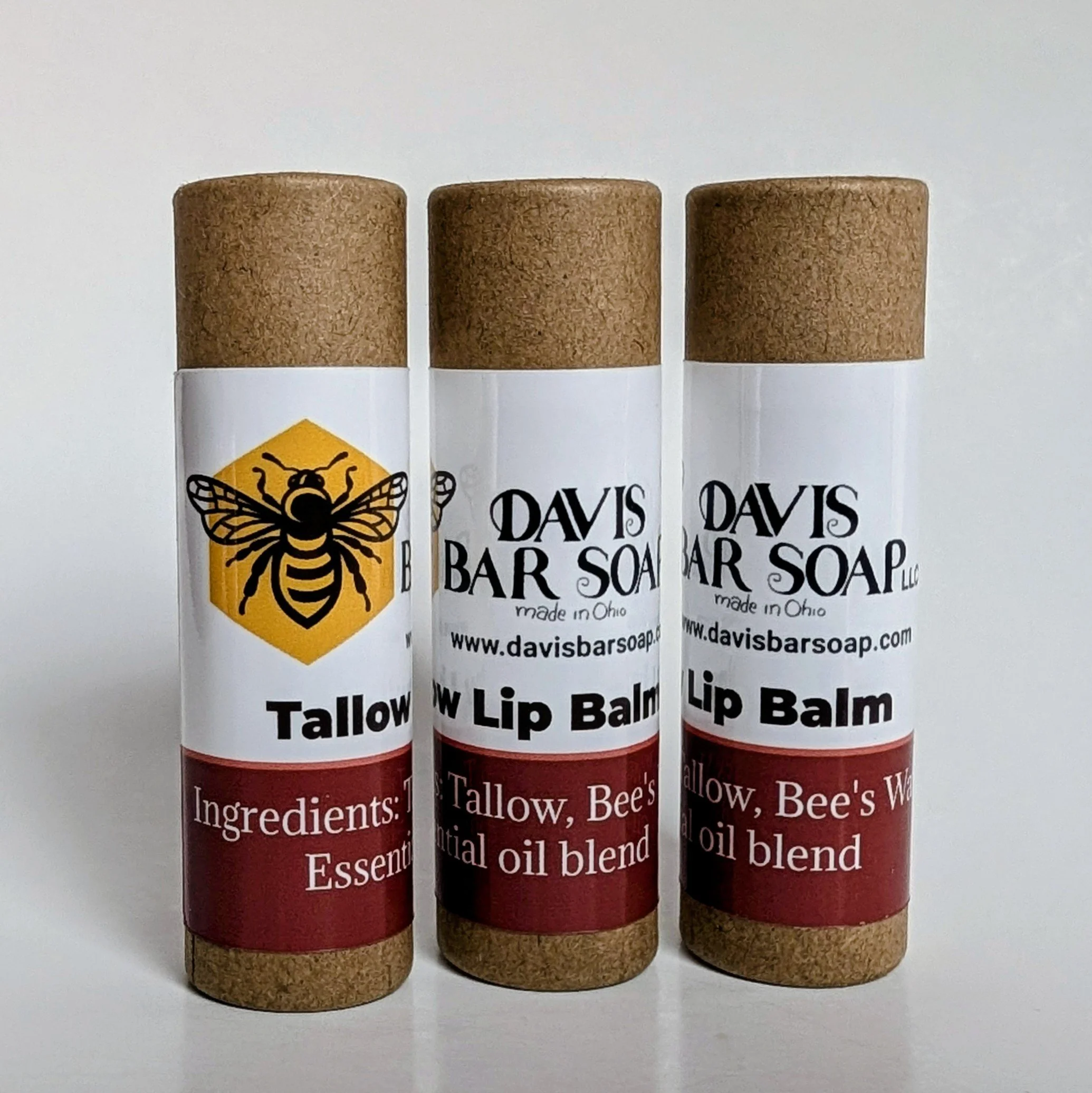 USA Grass Fed beef tallow, Ohio bees wax, Eucalyptus and mint essential oil balm. Use on lips, face, hands, and whole body.