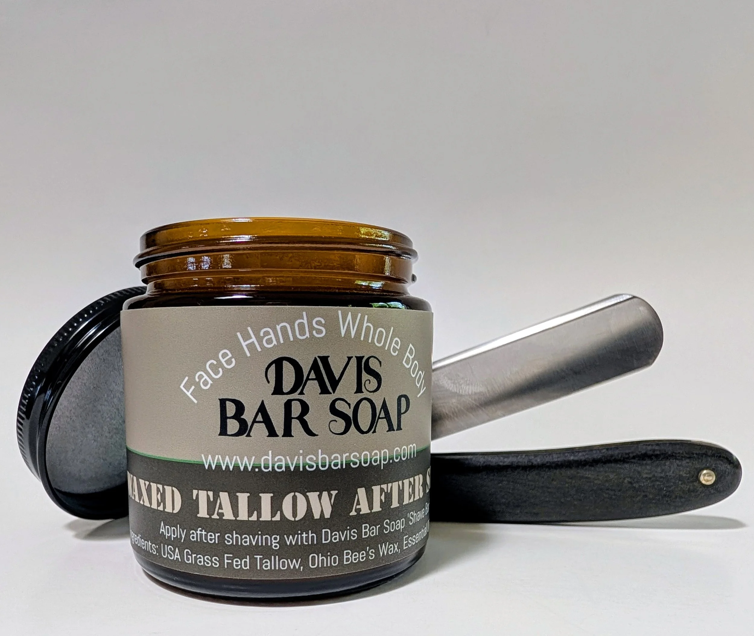Tallow and Bee's Wax soothing after shave with essential oils of cedarwood, tea tree, Frankincense, and peppermint. Great for sensitive skin.