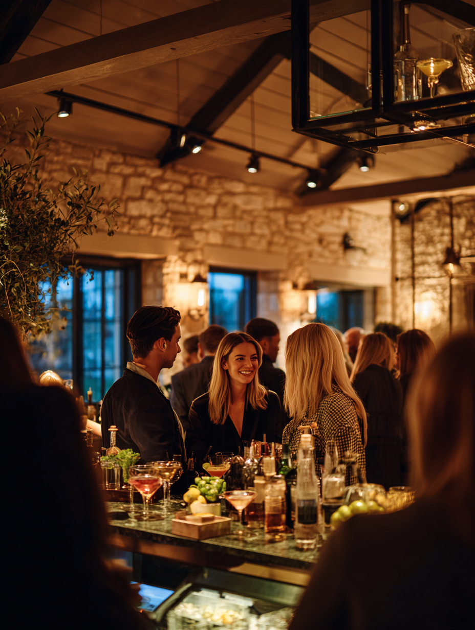 Guests enjoying cocktails and conversation at a stylish bar inside a contemporary Cotswold stone venue.