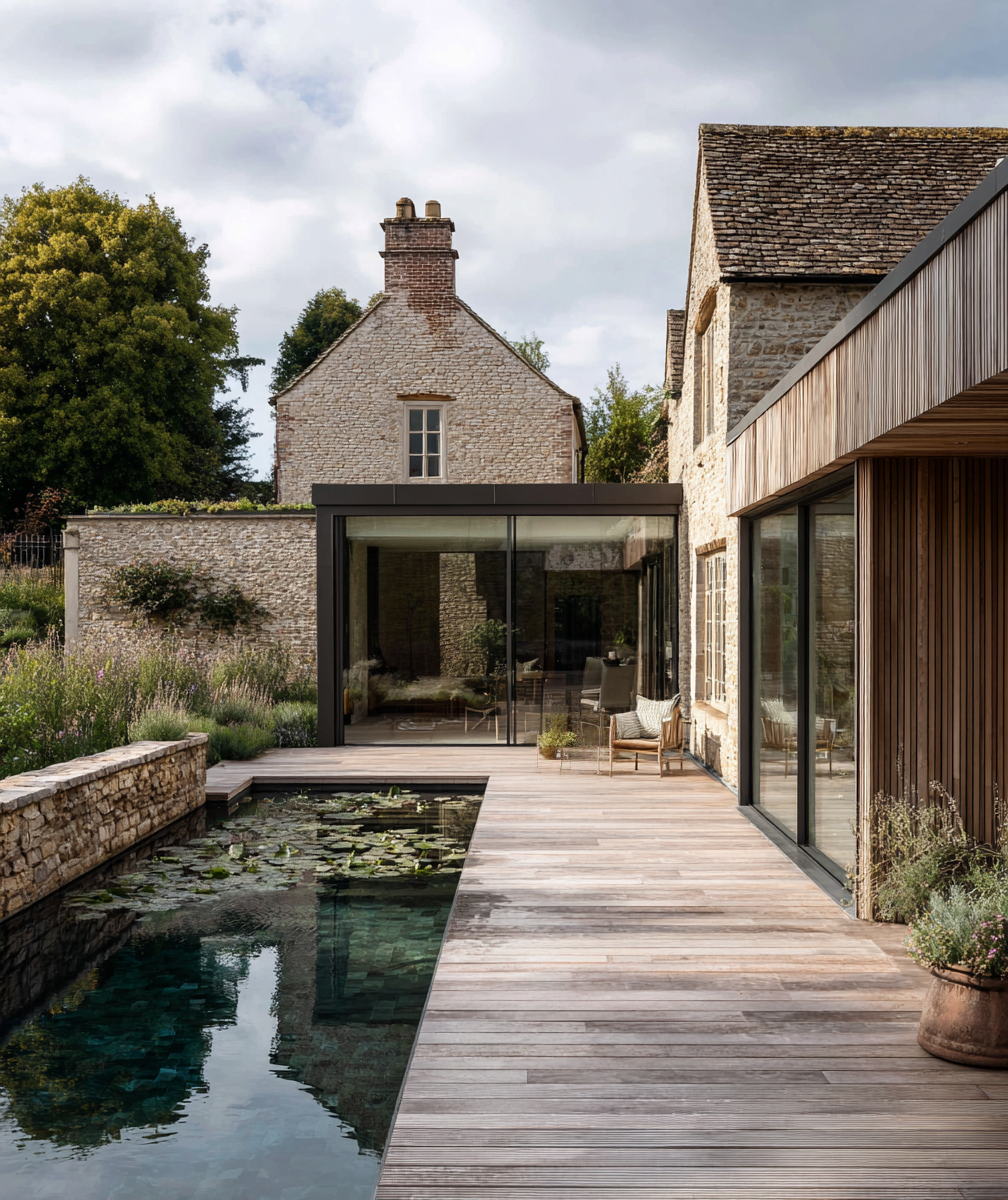 Contemporary glass extension on a traditional Cotswold stone house overlooking a natural swimming pool and timber terrace.