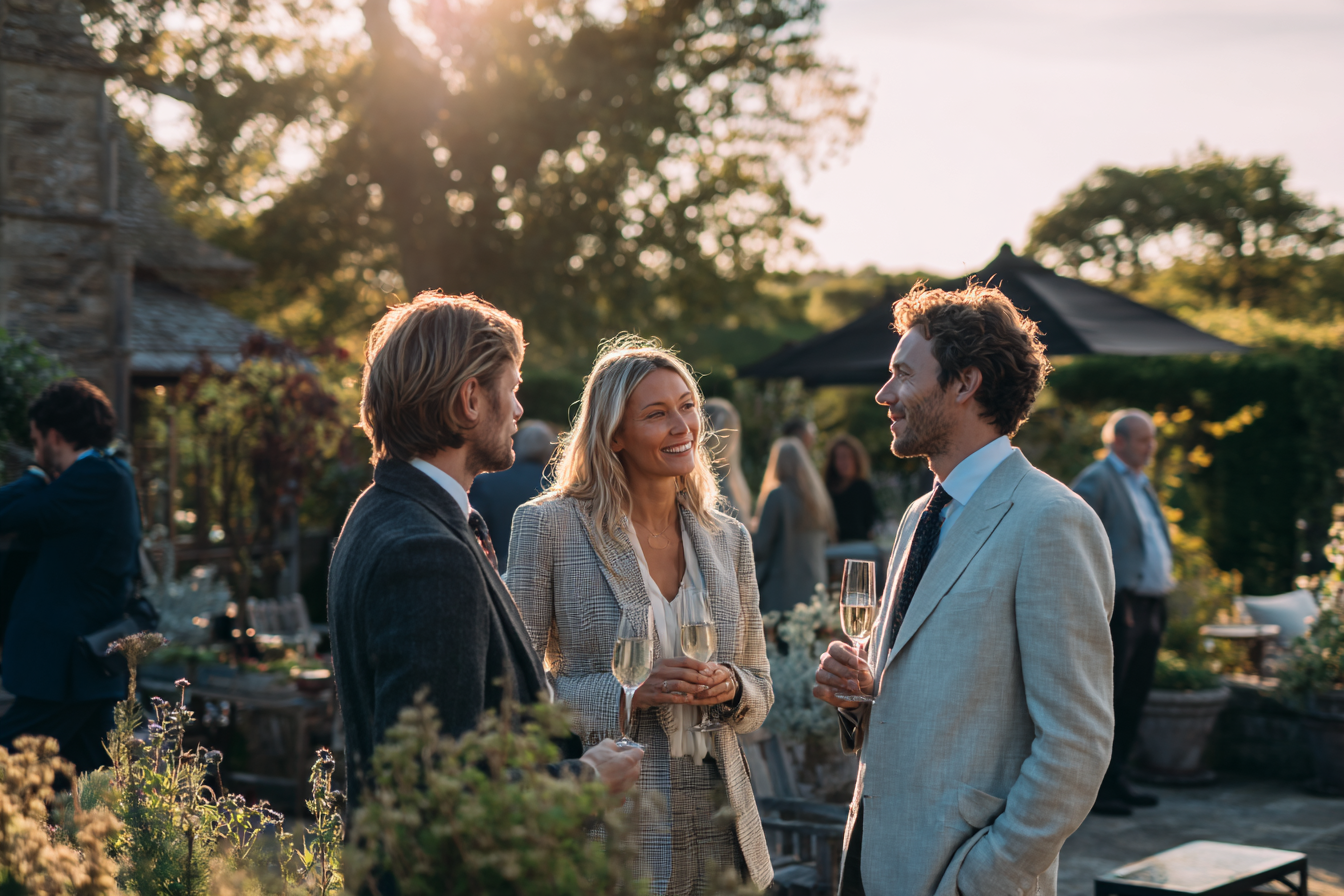 Professionals enjoying champagne and conversation at an outdoor gathering in a Cotswold garden at sunset.
