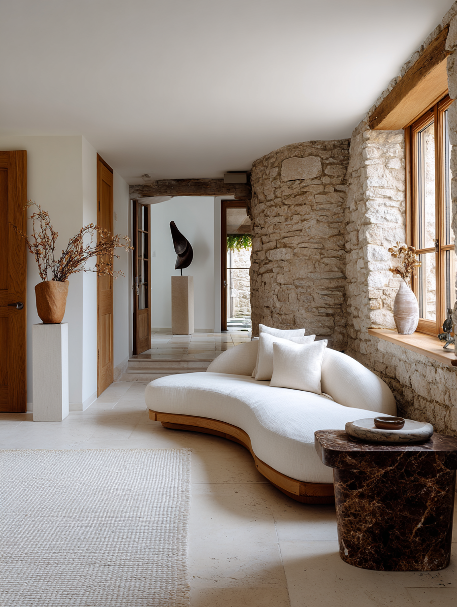 Minimalist interior of a contemporary Cotswold stone house featuring a curved cream sofa, natural materials, and warm timber details.