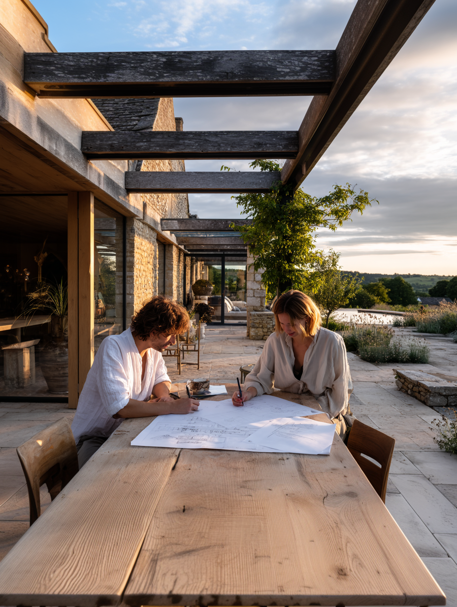 Architects reviewing architectural plans at an outdoor table beside a contemporary Cotswold stone house with countryside views.
