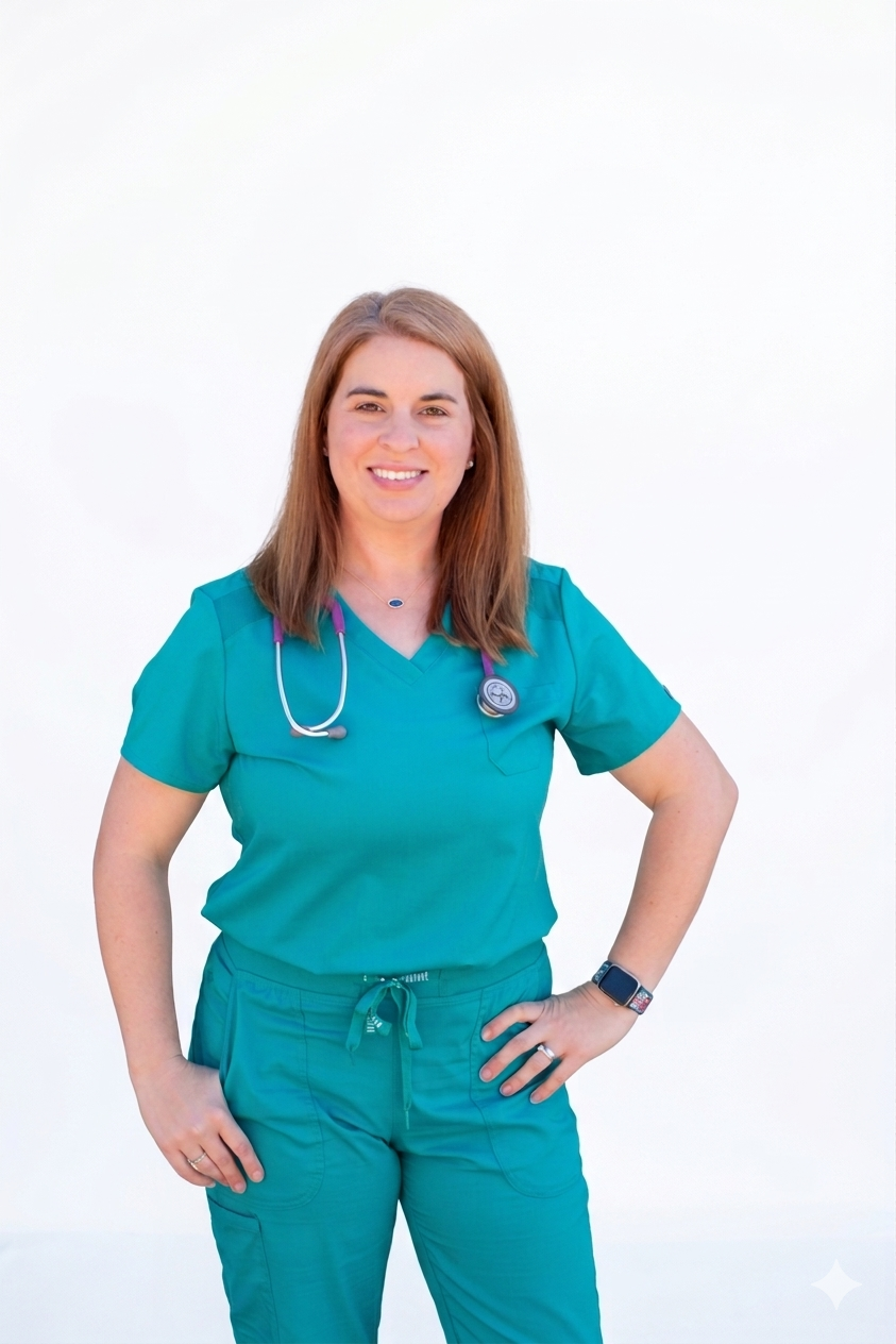 A female nurse wearing teal scrubs, a stethoscope, and a smartwatch, standing against a white background