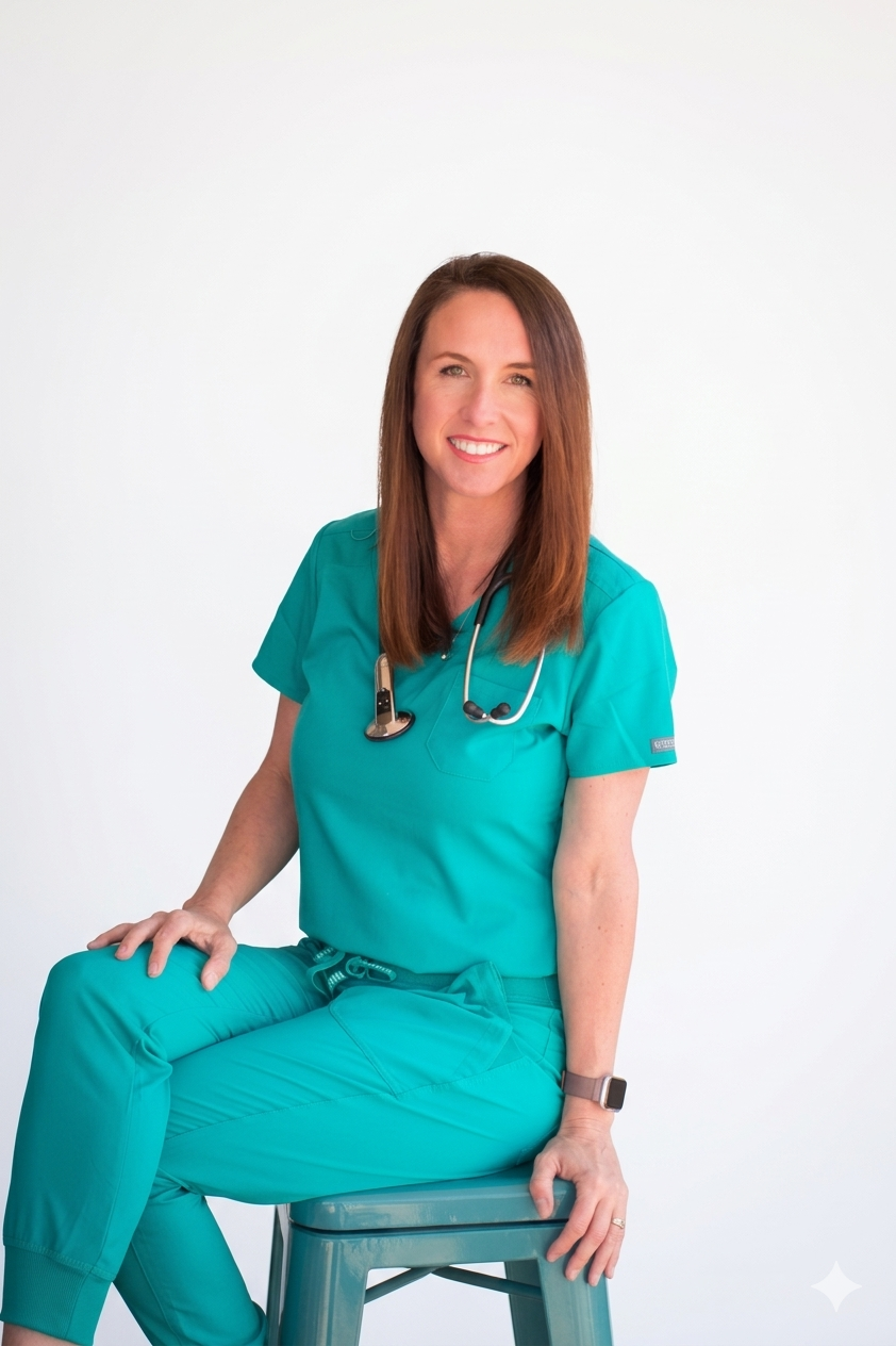 A smiling female healthcare worker in teal scrubs with a stethoscope around her neck, seated on a stool against a plain white background.