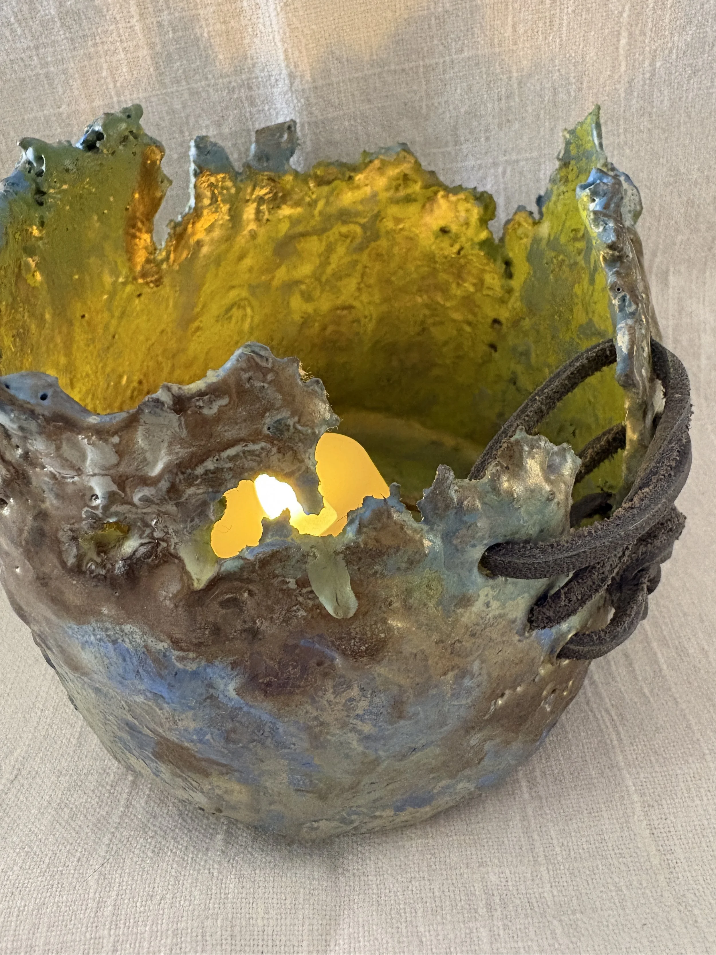 Encaustic vessel with leather lacing