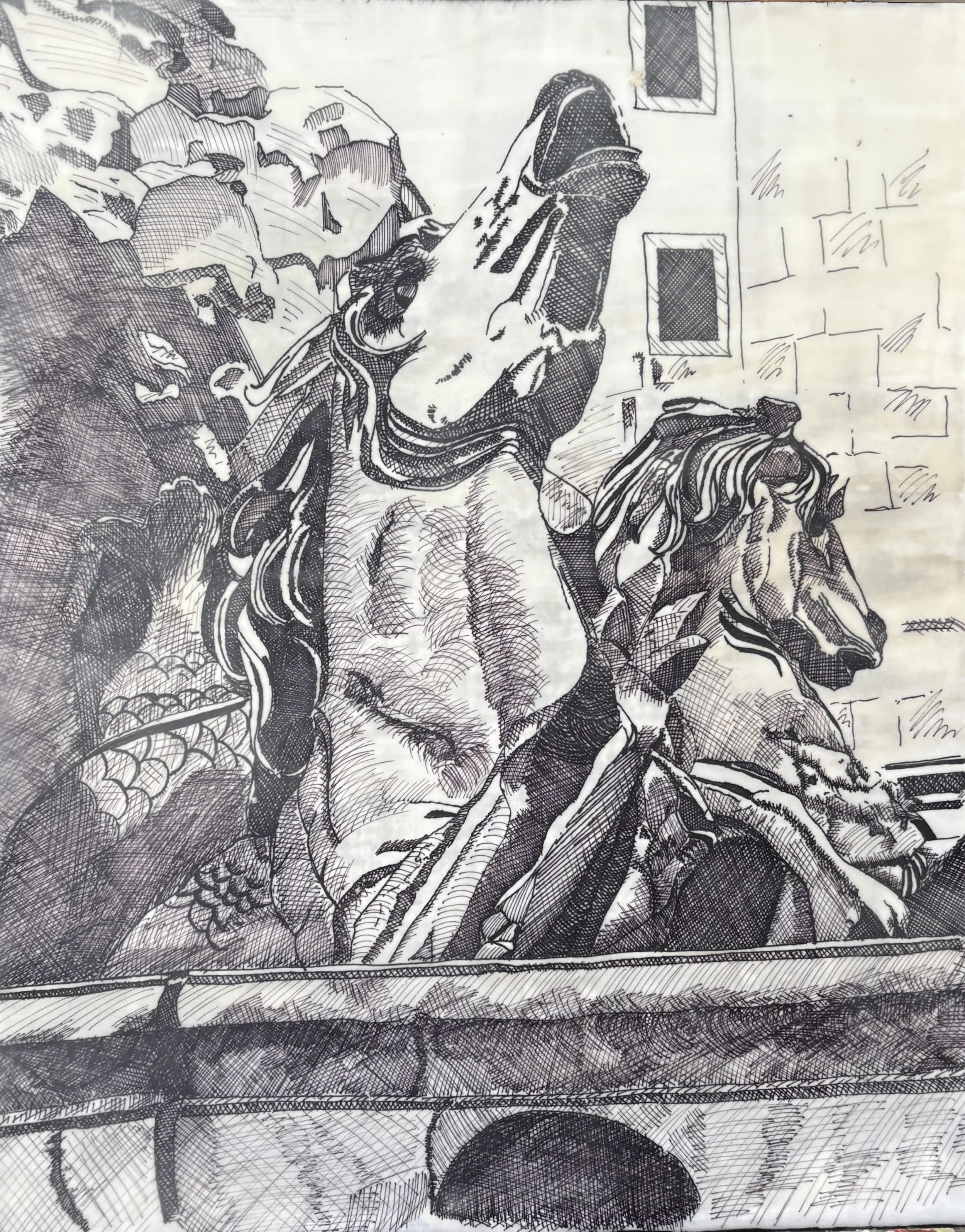 Encaustic and Ink Crosshatch Painting of Fountain in Salzberg