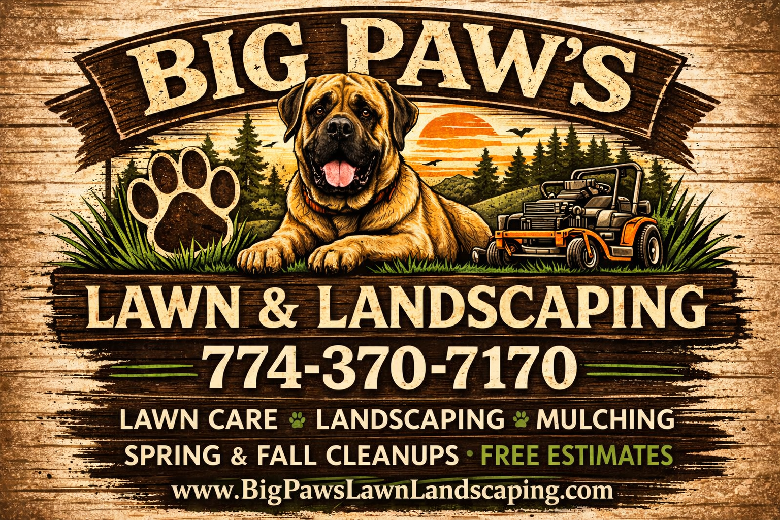 Sign for Big Paws Lawn & Landscaping with a smiling large dog, a truck, pine trees, and a sunset in the background. Text includes services like lawn care, landscaping, mulching, spring and fall cleanups, phone number, and website.