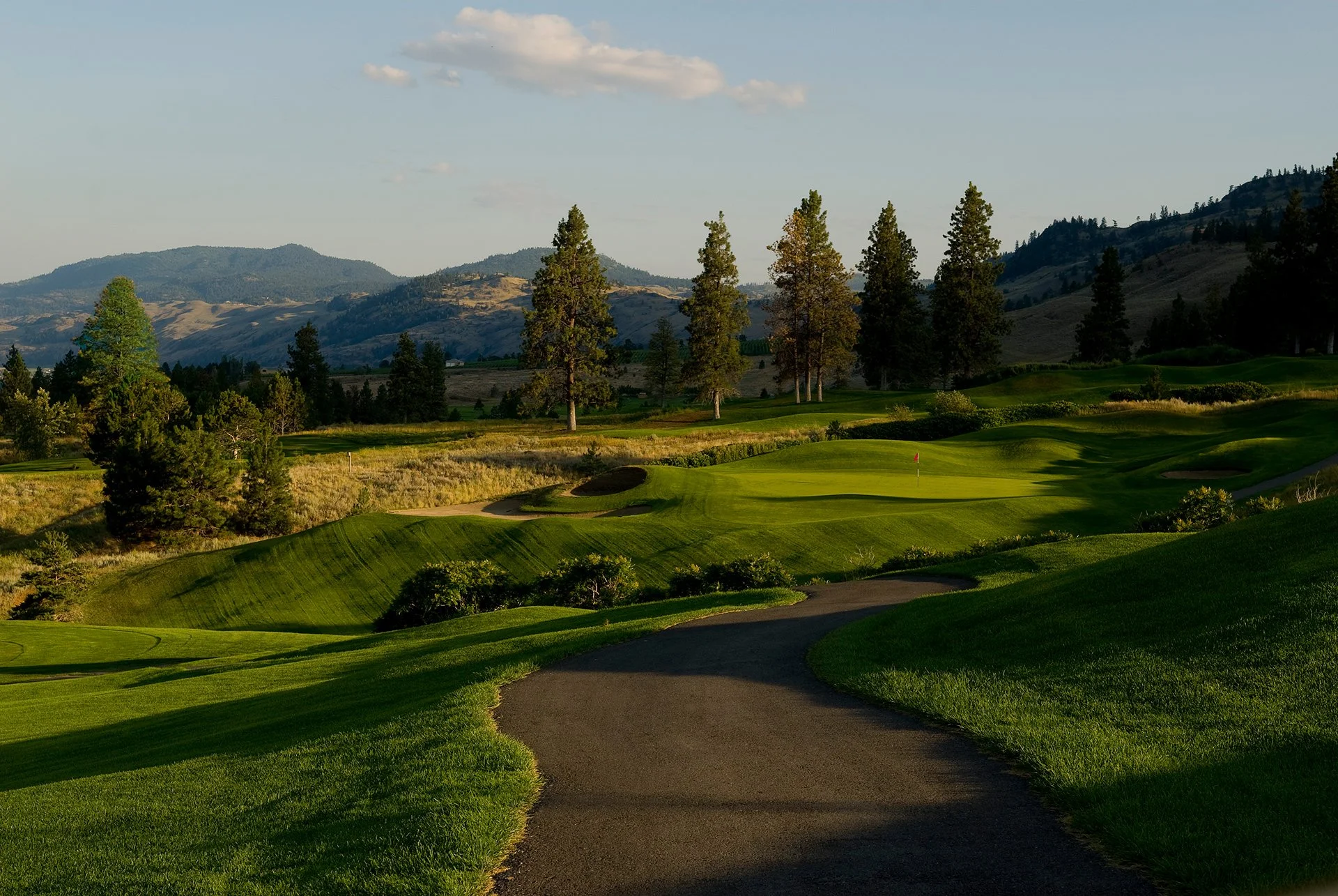 A scenic view of a golf course with green fairways, a pathway, tall trees, distant mountains, and a partly cloudy sky.