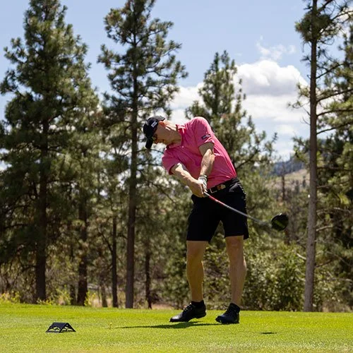 Person in pink shirt and black shorts tees off a golf ball on Fairview Mountain Golf Club course with trees and blue sky in the background.