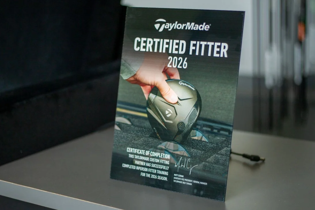 Certificate of completion for a TaylorMade certified fitter for the 2026 golf season, with a picture of a hand adjusting a golf driver club.