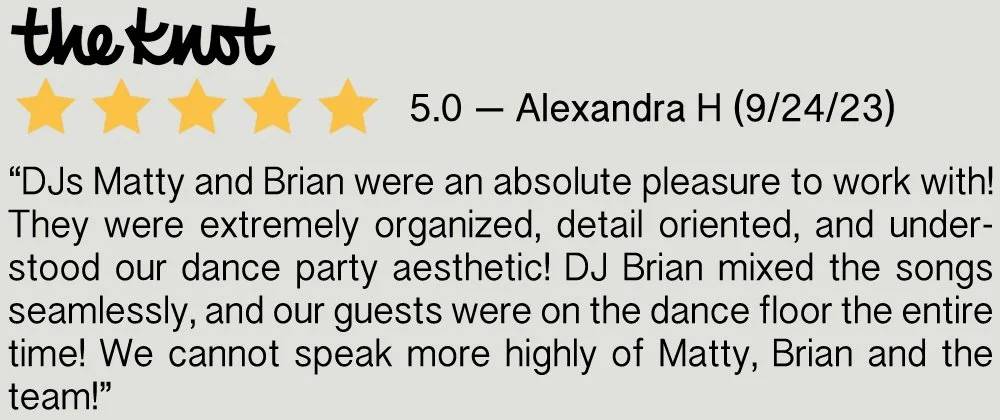 Review with five yellow stars and text praising DJs Matty and Brian for their organized, detail-oriented work at a dance party, dated 9/24/23.