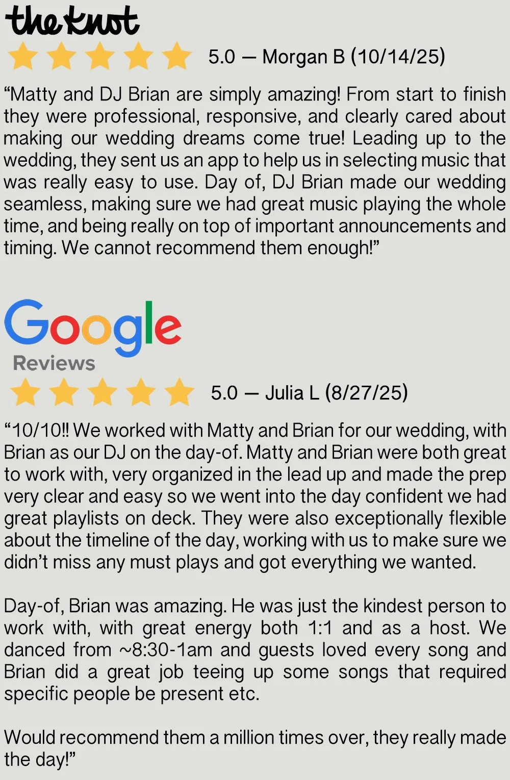 Customer reviews for a wedding DJ service, featuring five-star ratings from Morgan B and Julia L, with text praising the professionalism and playlist management of DJ staff, and overall excellent experiences.