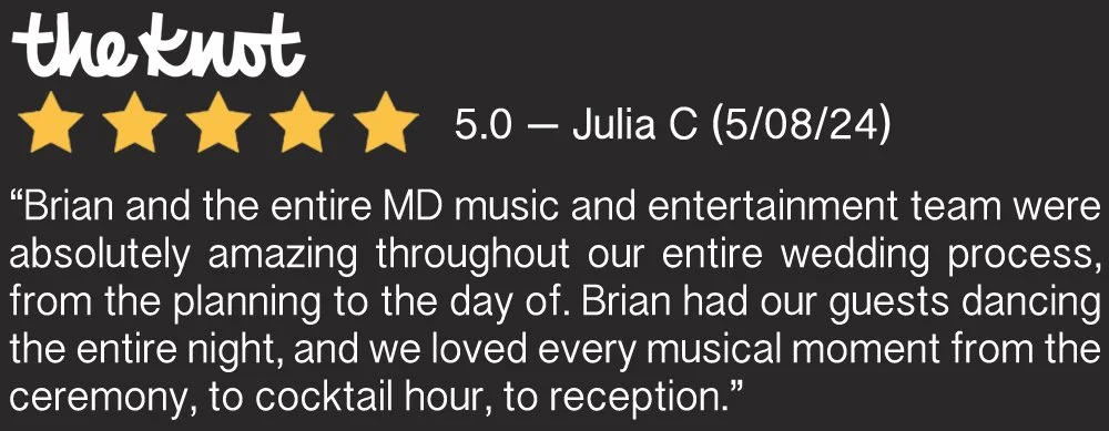 A testimonial for The Knot featuring a 5-star rating, written by Julia C on 5/08/24, praise for Brian and the MD music and entertainment team at a wedding, mentioning excellent planning, guests dancing, and memorable moments.