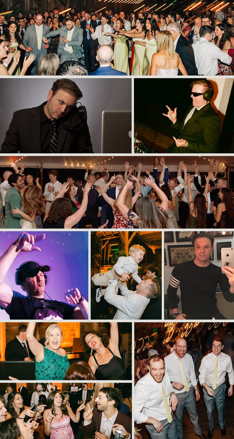 A collage of scenes from a lively party or celebration, featuring dancing, DJ, and social interactions among diverse people, including children and adults.