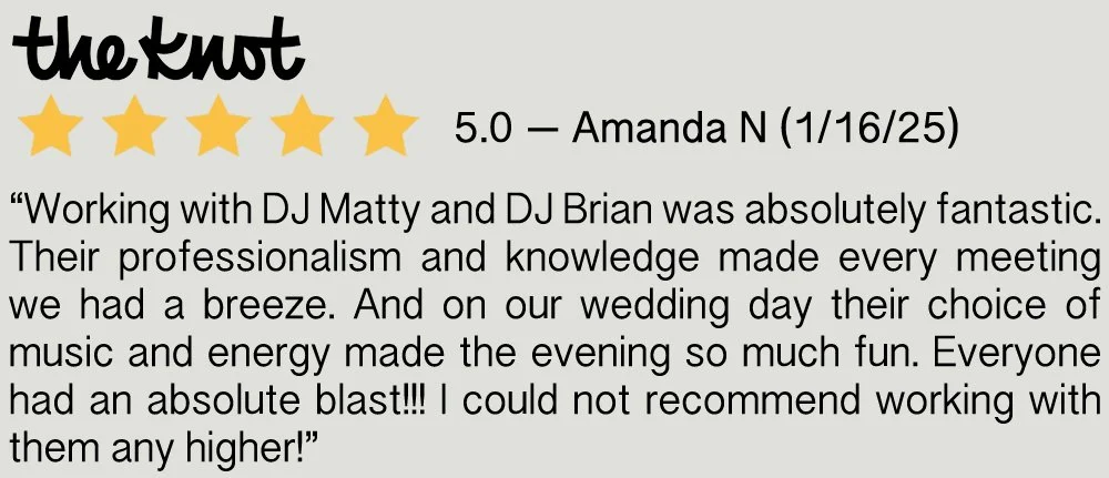 Review for wedding DJ service with a 5-star rating and testimonial praising the professionalism of DJ Matty and DJ Brian.