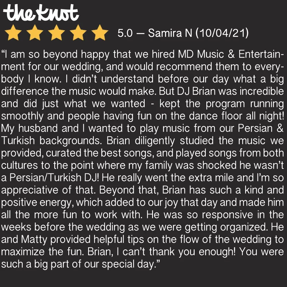 Customer review with five-star rating for The Knot, dated 10/04/21, expressing satisfaction about hiring MD Music & Entertainment for a wedding, praising DJ Brian's performance, dedication, and helpful tips.