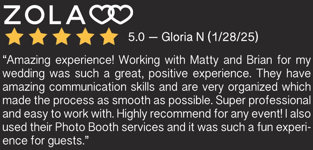 Five-star rating with the name ZOLA and two interlocking hearts above it. Customer testimonial about wedding services, mentioning professional communication, organization, and photo booth services.