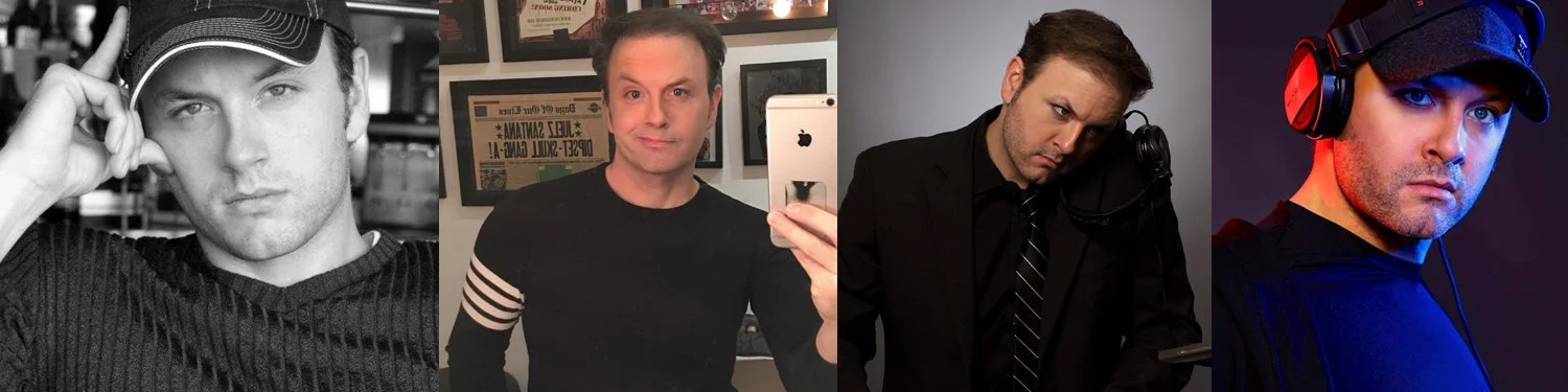 Four men, each in a different setting, some with headphones or microphones.