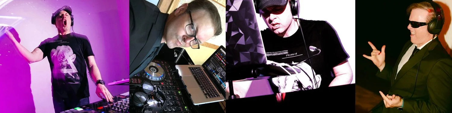 Collage of four DJs performing, each wearing headphones and engaging with their equipment or audience.