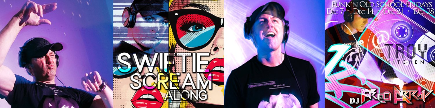 A collage of four images from a DJ event, showing DJs in action, colorful artwork featuring comic-style illustrations, and text indicating dates and themes like 'Funk 'N Old School Fridays' and 'Troy Kitchen'.