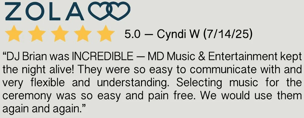 Testimonial logo for ZOLA with three yellow stars and a 5.0 rating from Cyndi W, dated 7/14/25, praising DJ Brian's music and entertainment at a wedding or event.