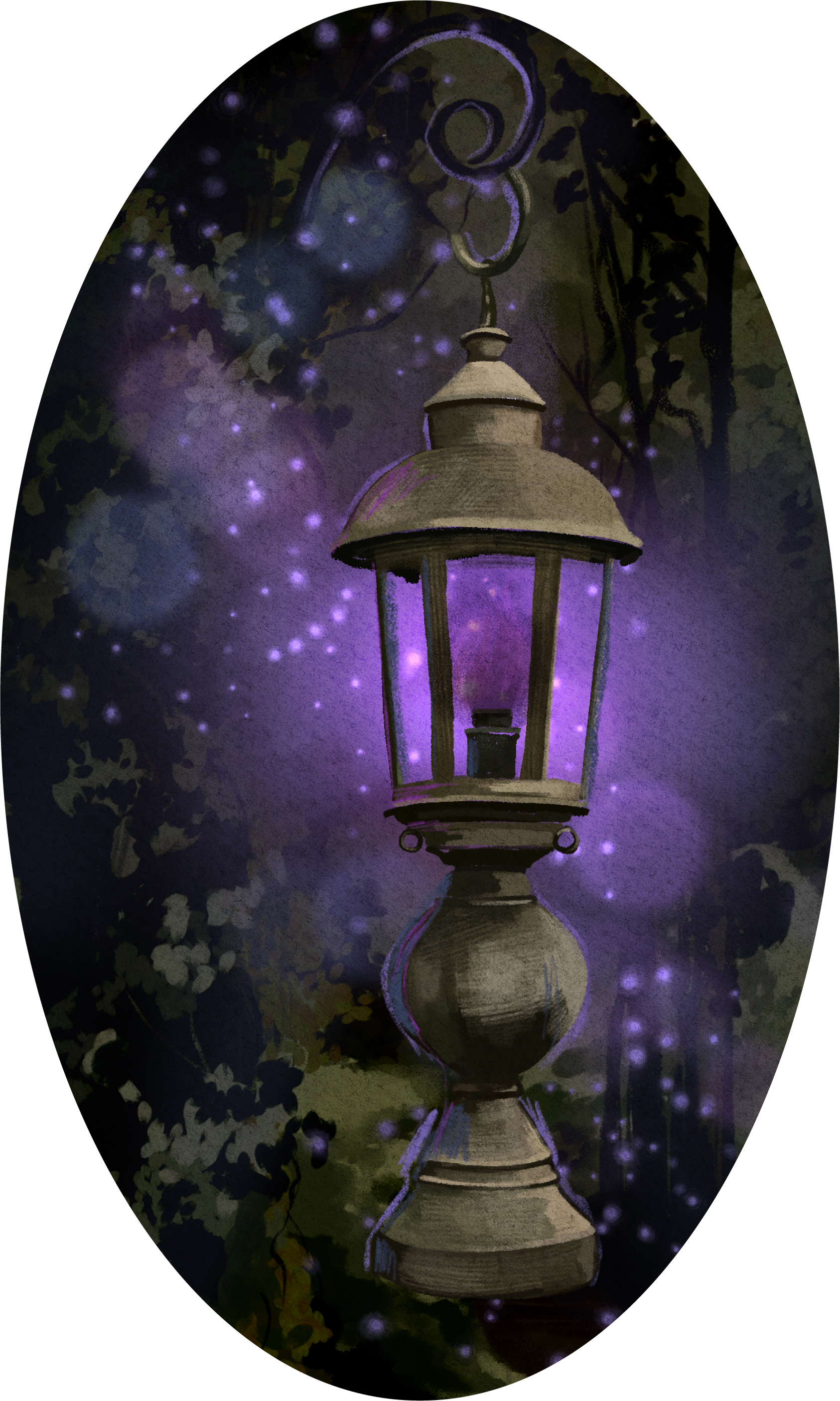 A vintage street lamp with purple illumination, surrounded by dark foliage and glowing purple orbs, creating a magical nighttime scene.