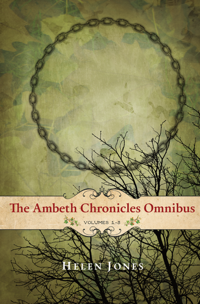 Cover of book titled "The Ambeth Chronicles Omnibus" by Helen Jones, featuring a chain necklace, a branch with twigs, green shadows, and leaves in the background.