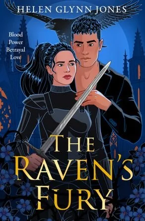 Book cover for "The Raven's Fury" featuring a young man and woman holding a sword, with dark blue background and a raven in flight.